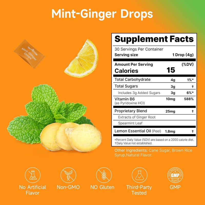 Temimar Mint-Ginger Drops for Nausea Relief, Smooth Upset Stomach, Motion & Morning Sickness Relief, with Ginger, Lemon, Spearmint & Vitamin B6, 30 Individually Wrapped Candies - Image 4